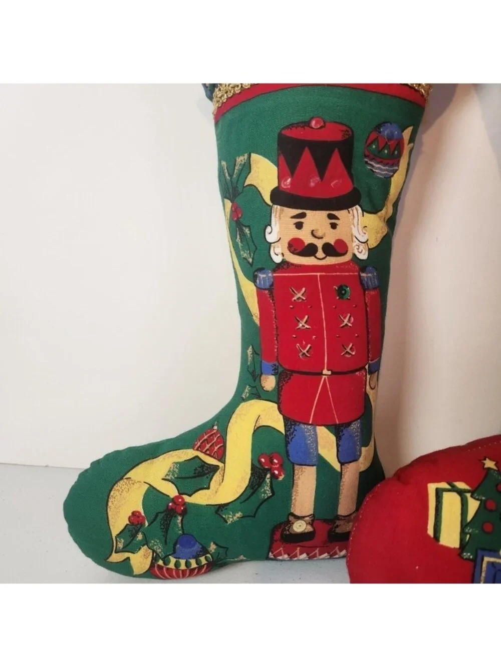 Vintage Stuffed Stocking Pillow Lot of 2 Candle Nutcracker 80s Kitsch Christmas